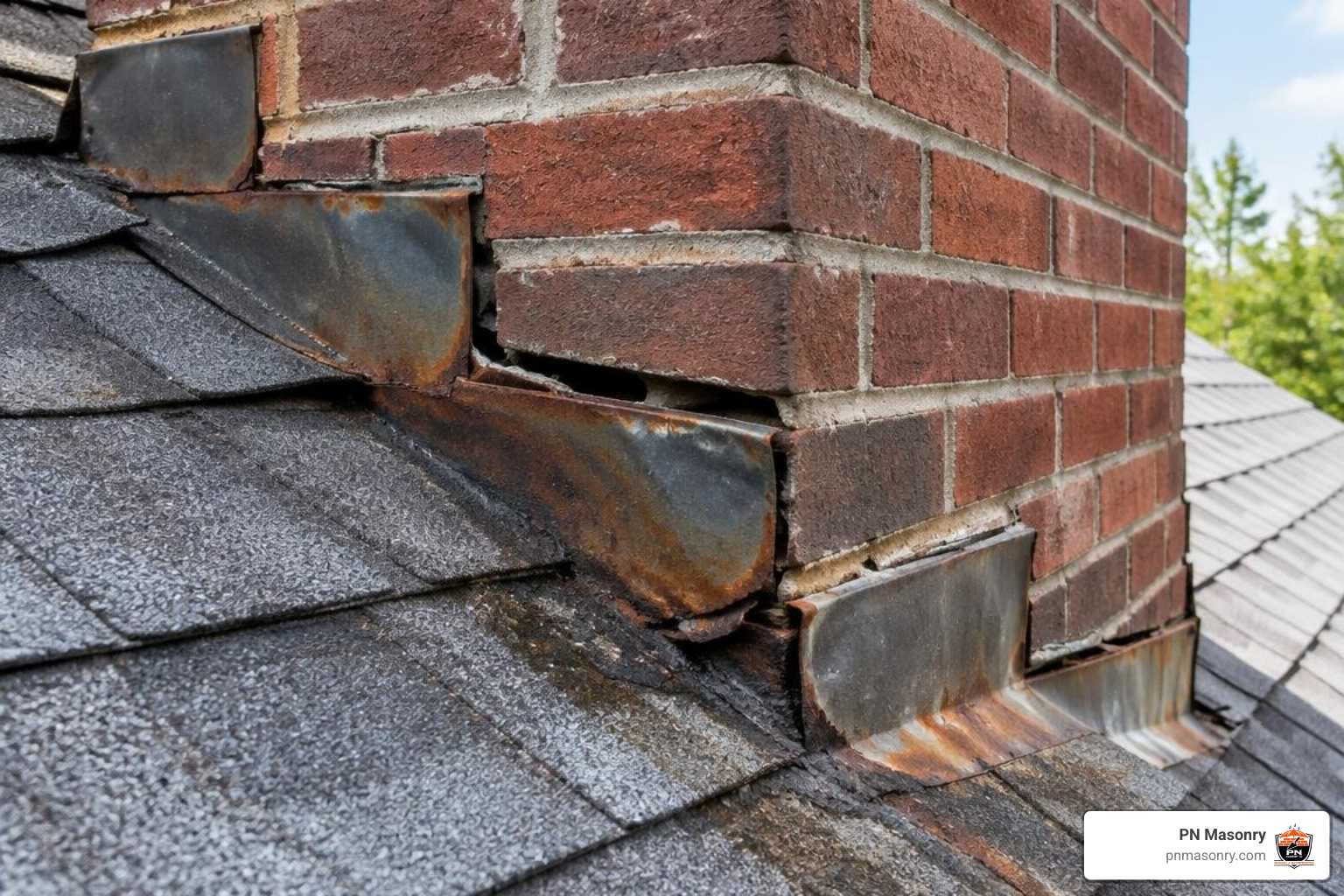 rusted and separated step flashing along chimney brick rusted and separated step flashing along chimney brick