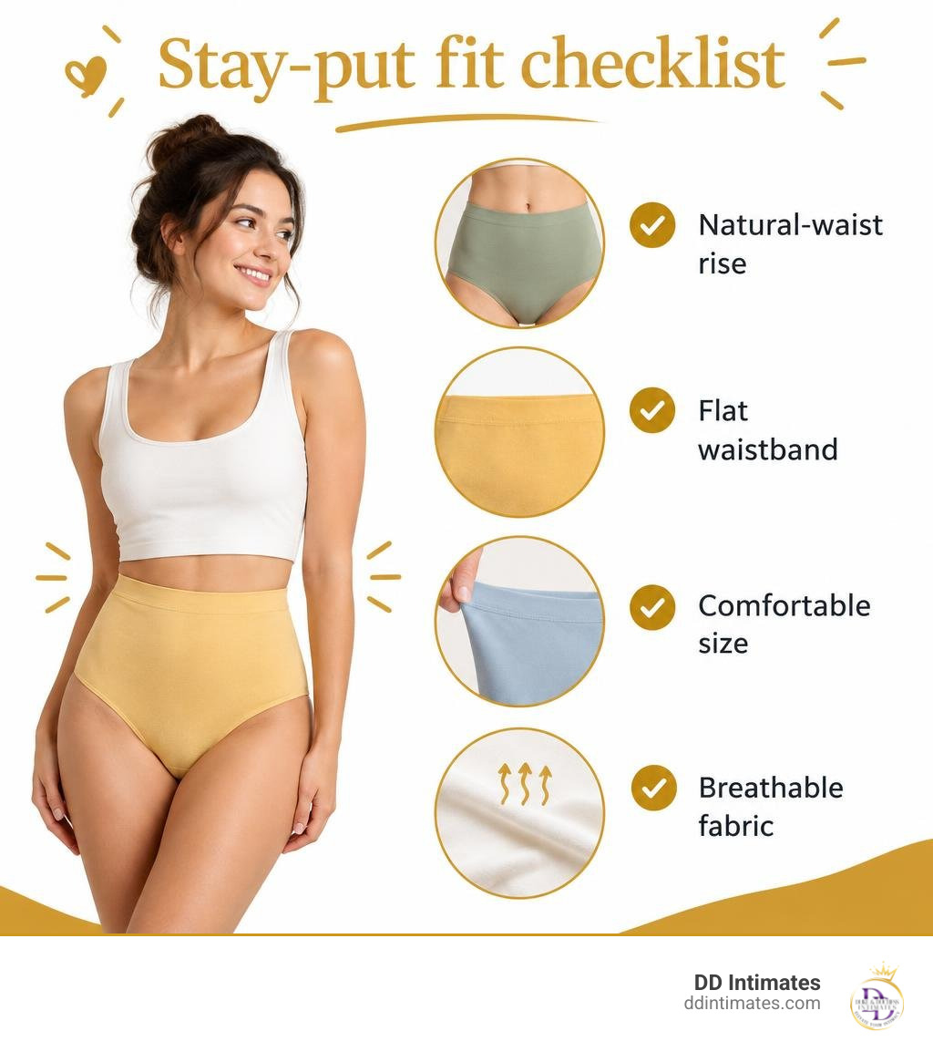 Stay-put fit checklist: natural-waist rise, flat waistband, comfortable size, breathable fabric infographic