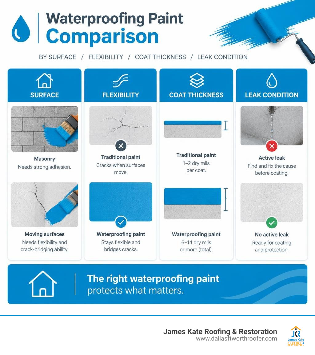Waterproofing paint comparison by surface, flexibility, coat thickness, and leak condition infographic Waterproofing paint comparison by surface, flexibility, coat thickness, and leak condition infographic