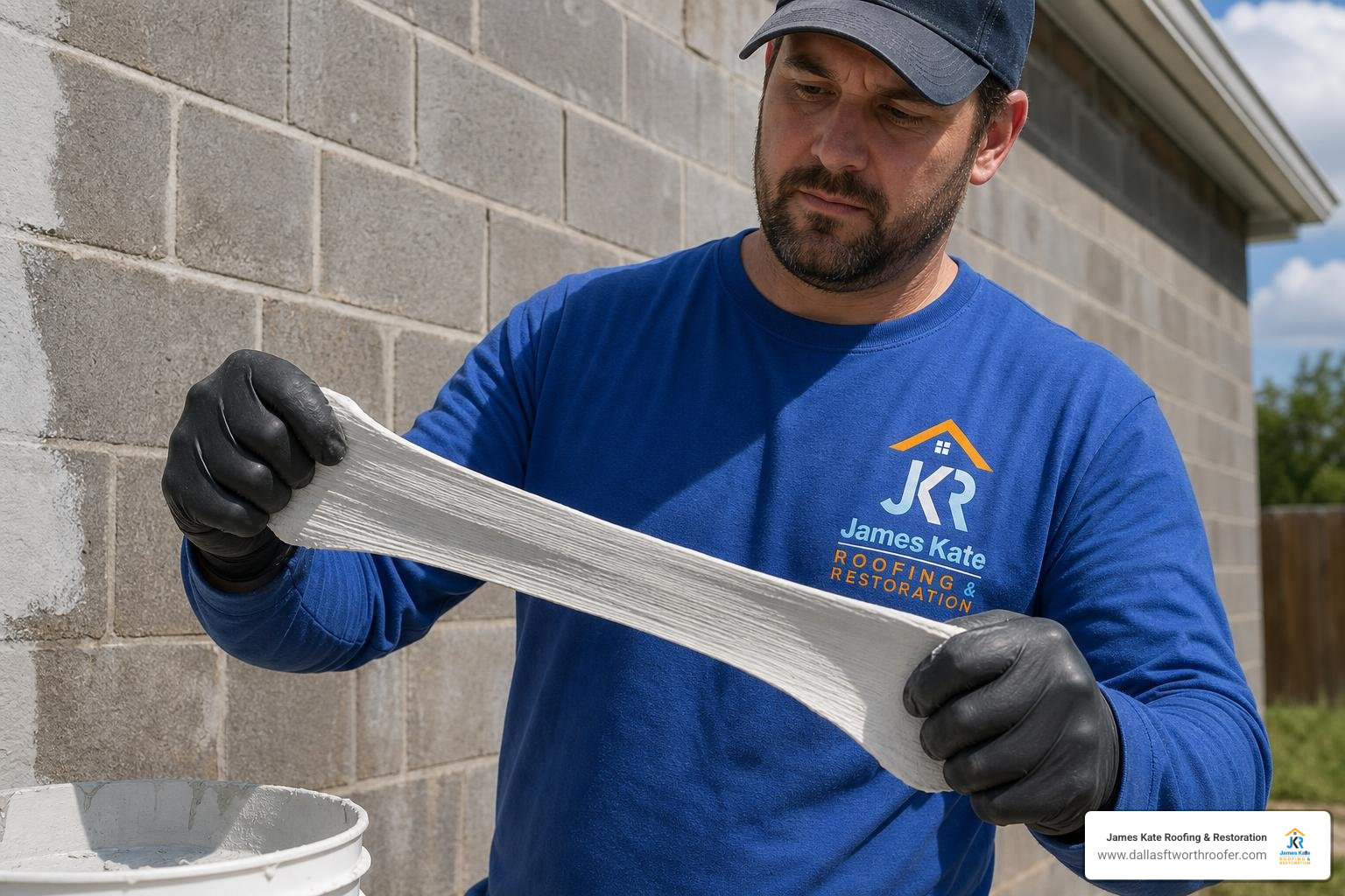 Worker in a royal blue shirt with James Kate on it demonstrating elastomeric film elongation Worker in a royal blue shirt with James Kate on it demonstrating elastomeric film elongation