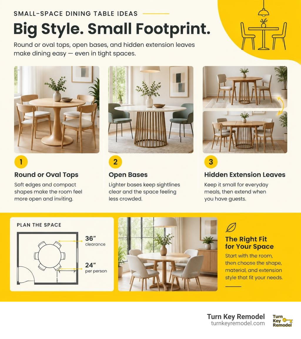 Small-space dining table ideas: round or oval tops, open bases, and hidden extension leaves infographic Small-space dining table ideas: round or oval tops, open bases, and hidden extension leaves infographic