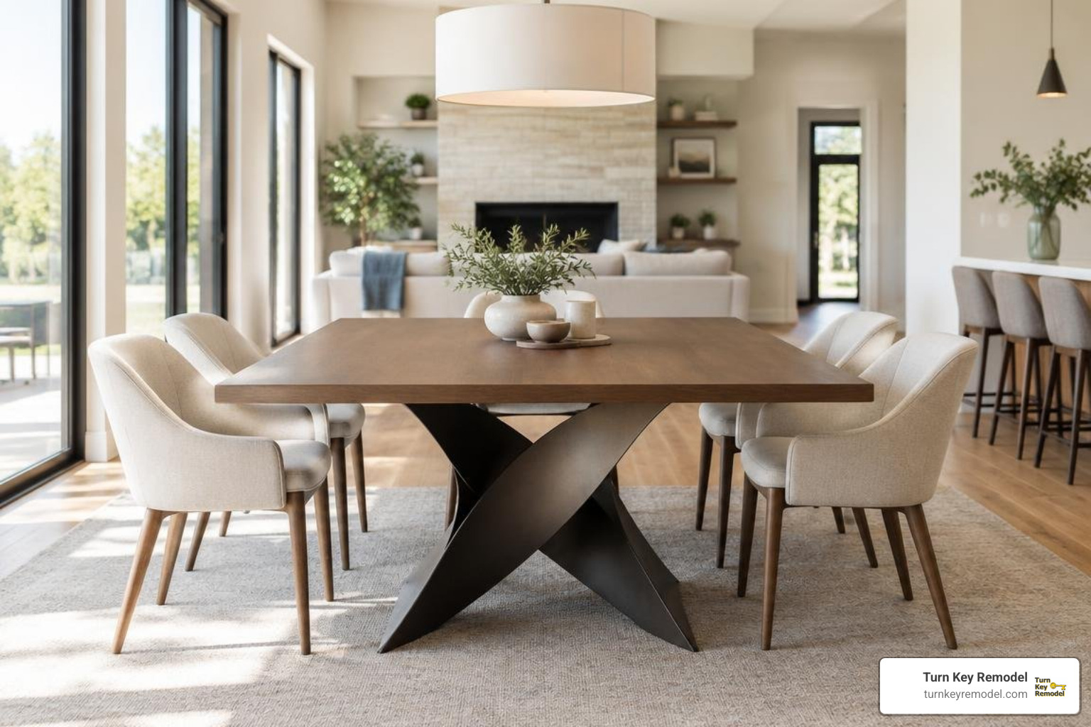 Modern dining table with an architectural base in a contemporary interior Modern dining table with an architectural base in a contemporary interior