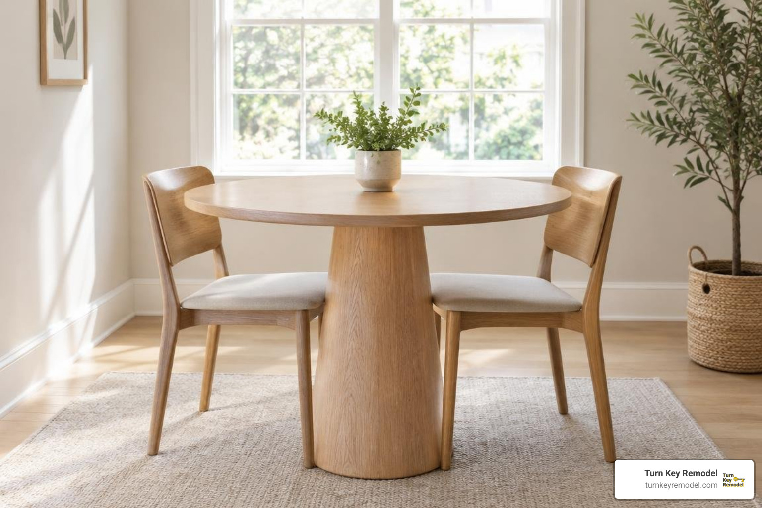 Round minimalist dining table in an open dining nook Round minimalist dining table in an open dining nook