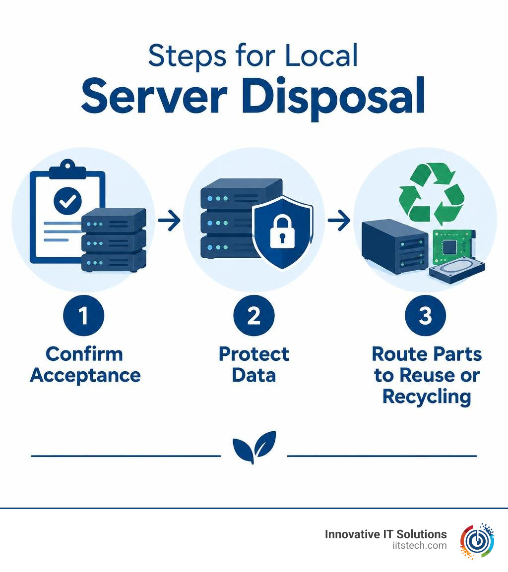 Steps for local server disposal: confirm acceptance, protect data, then route parts to reuse or recycling infographic