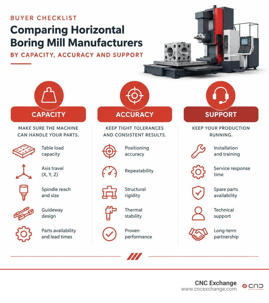 buyer checklist for comparing horizontal boring mill manufacturers by capacity accuracy and support infographic