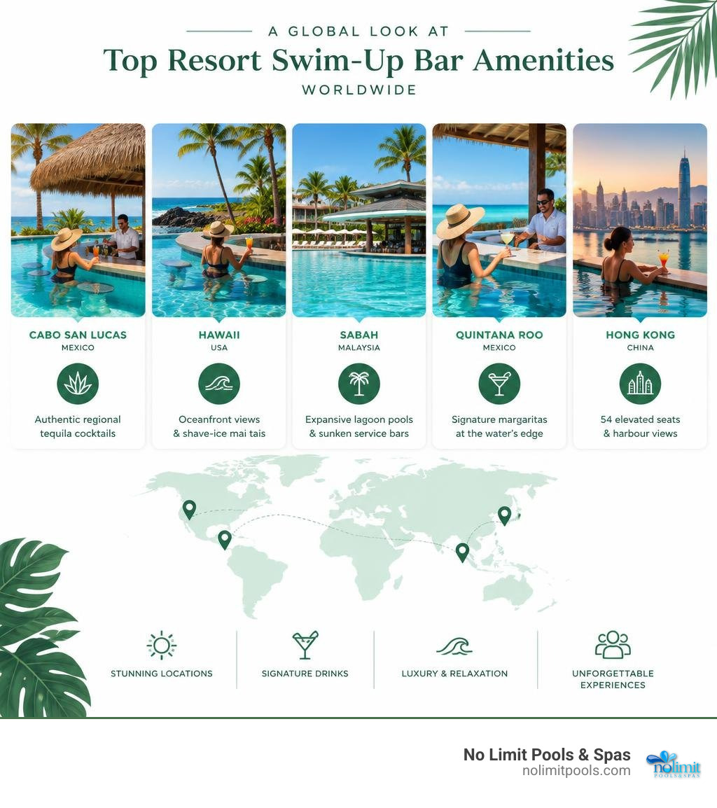 Comparison of top resort swim-up bar amenities worldwide infographic