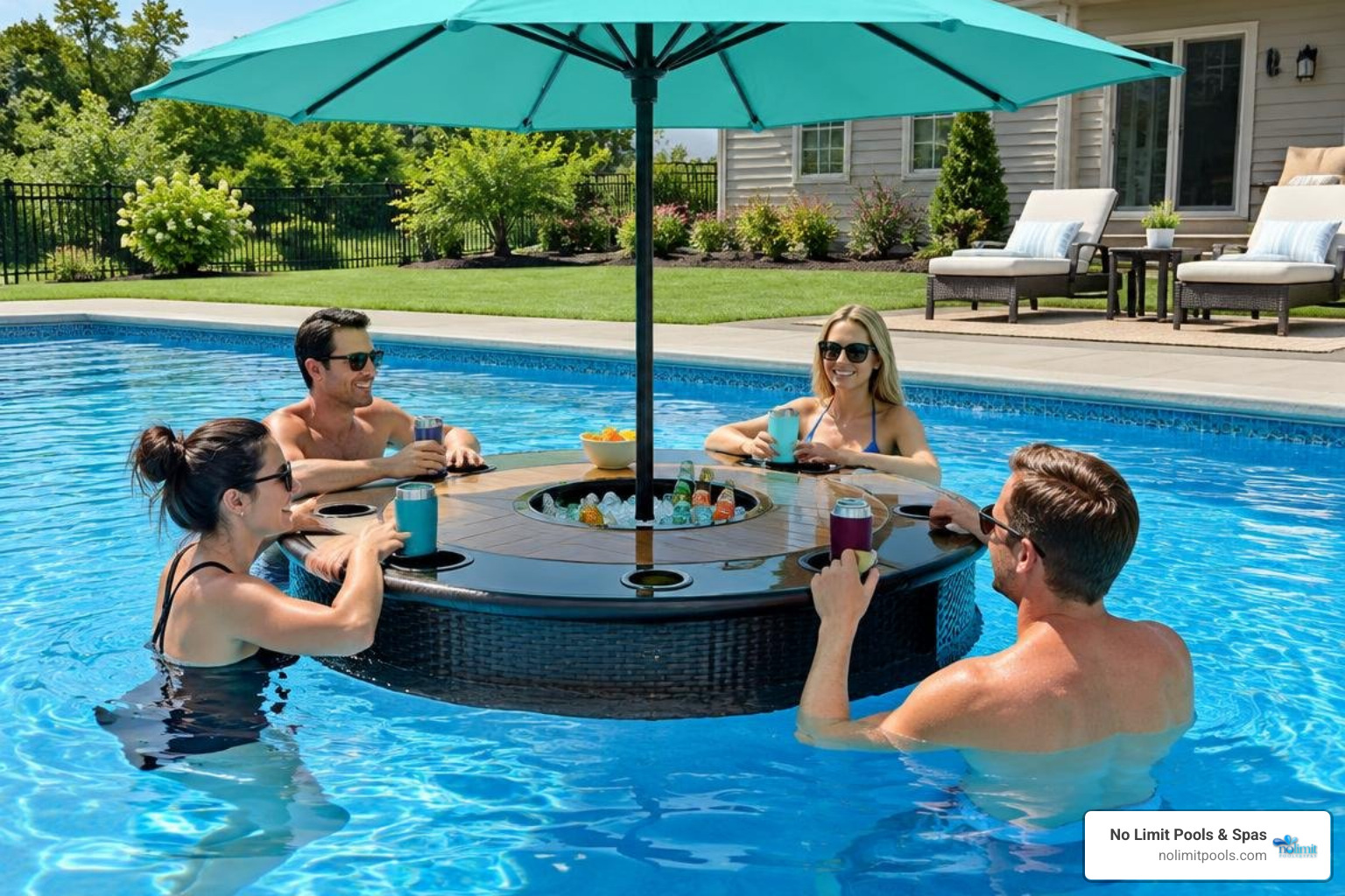 Portable submersible pool bar table in backyard pool