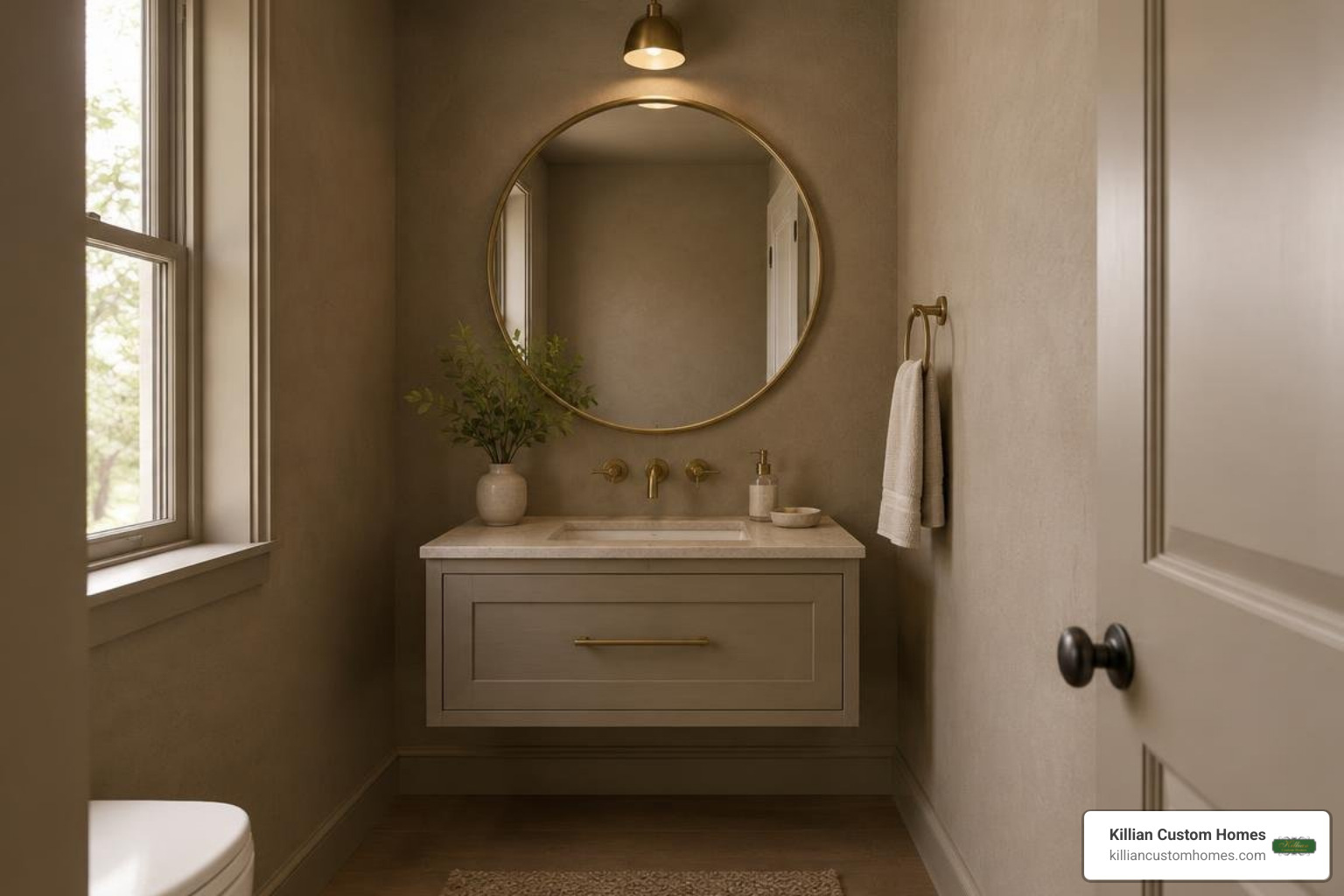 Compact powder room with walls, trim, and ceiling in the same warm muted taupe for a monochromatic enveloping effect