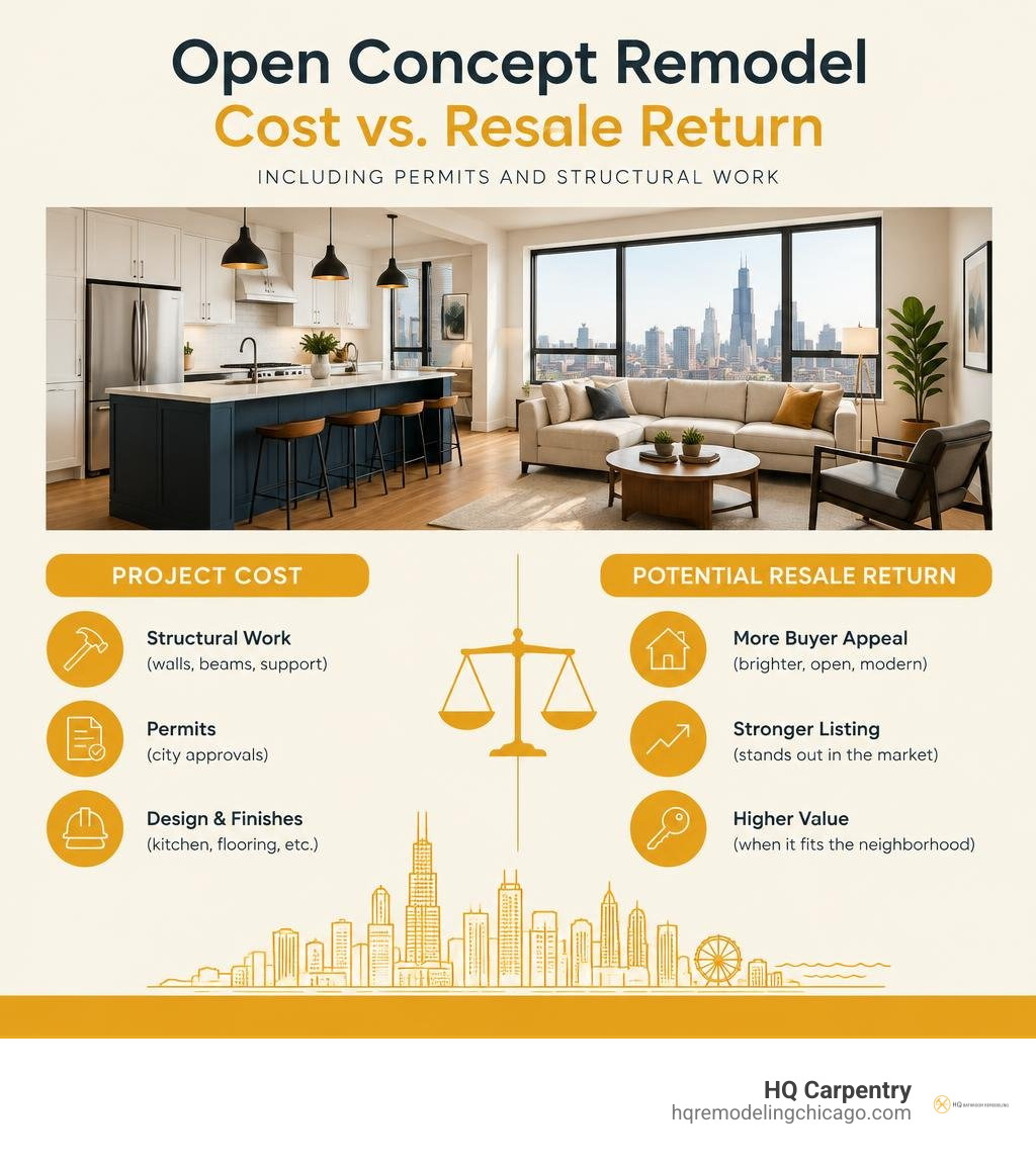 Open concept remodel cost versus potential resale return, including permits and structural work infographic Open concept remodel cost versus potential resale return, including permits and structural work infographic