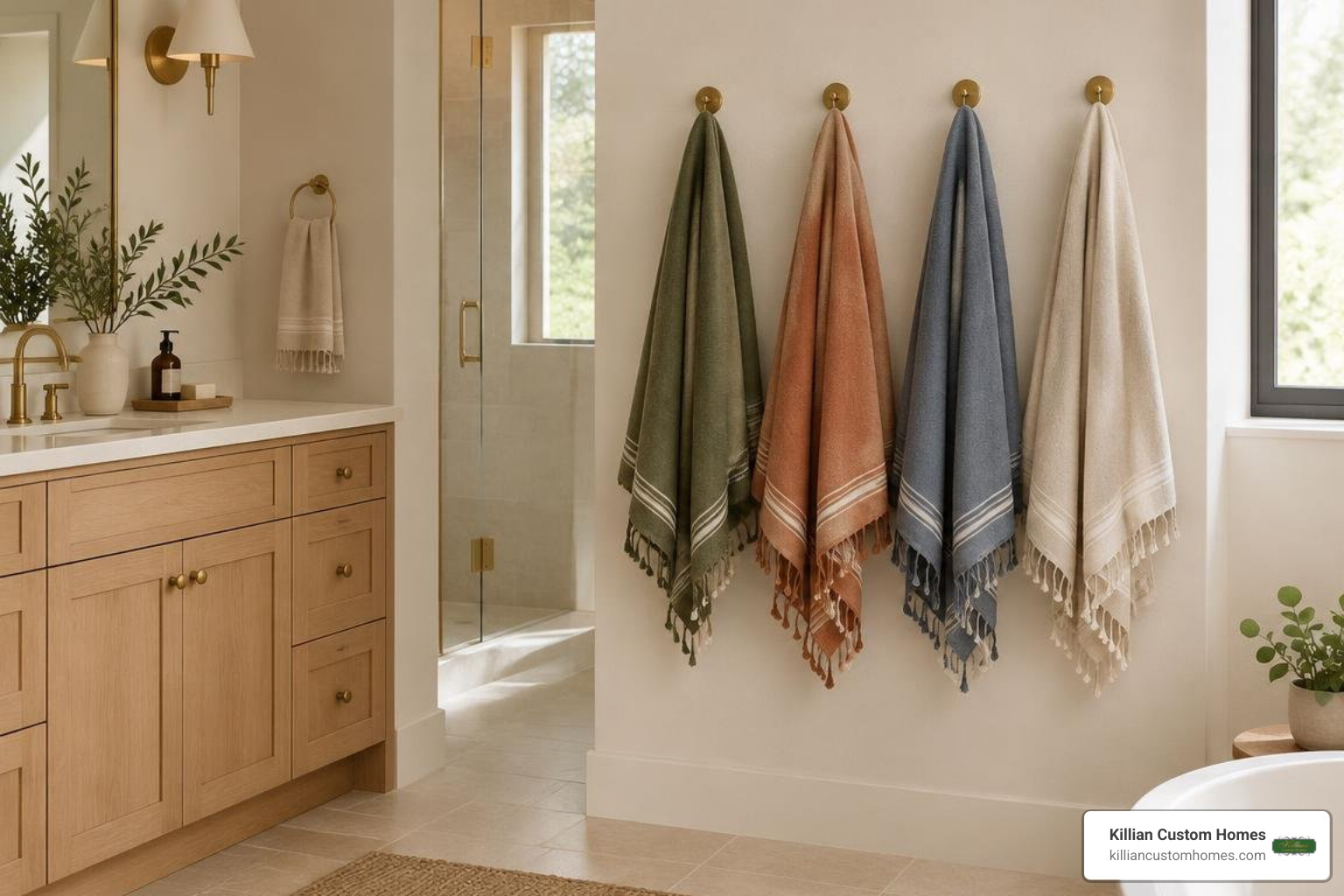 Family bathroom with olive, clay, slate, and oat Turkish towels neatly hung on individual brass wall hooks