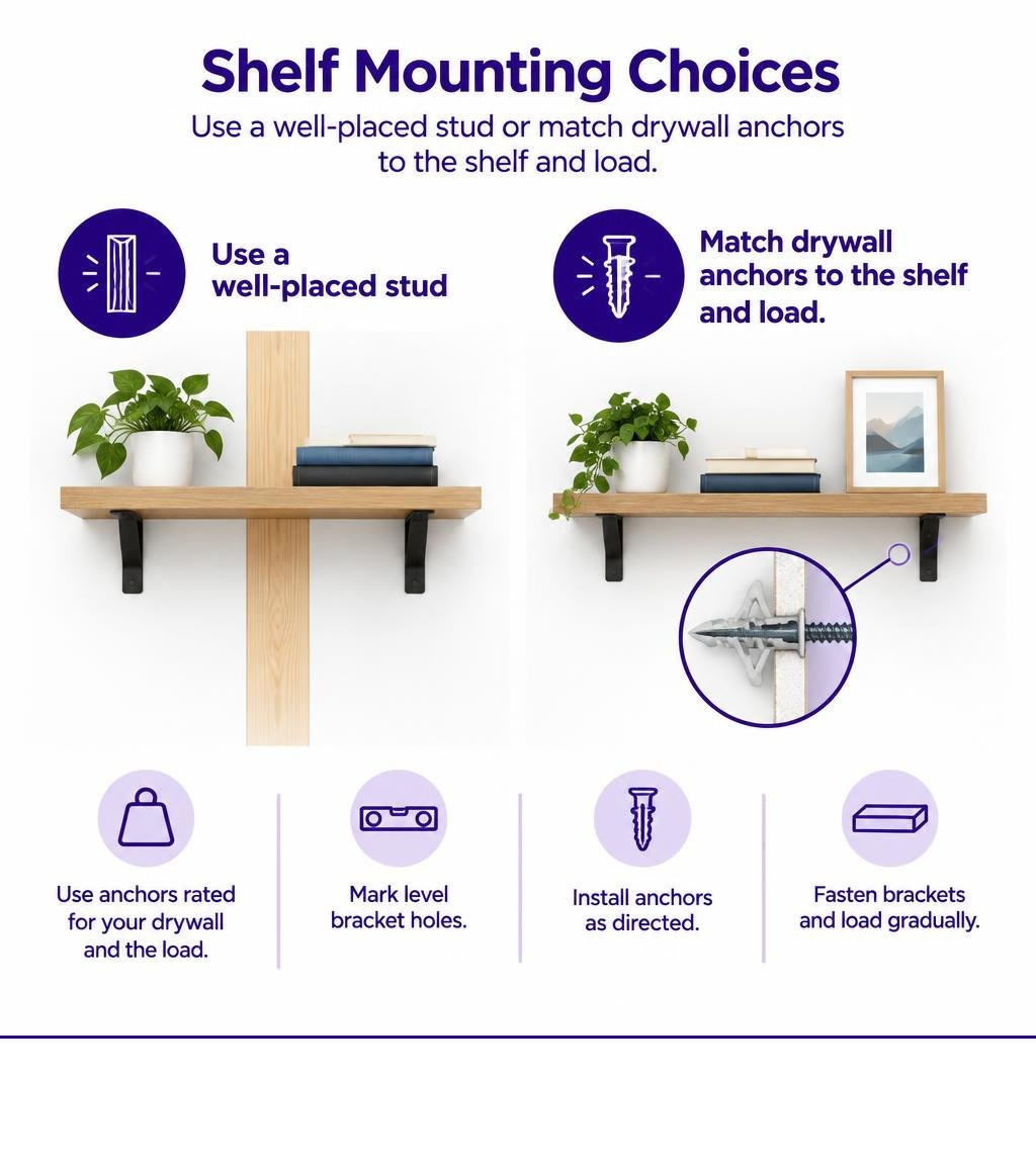 Shelf mounting choices: use a well-placed stud or match drywall anchors to the shelf and load infographic