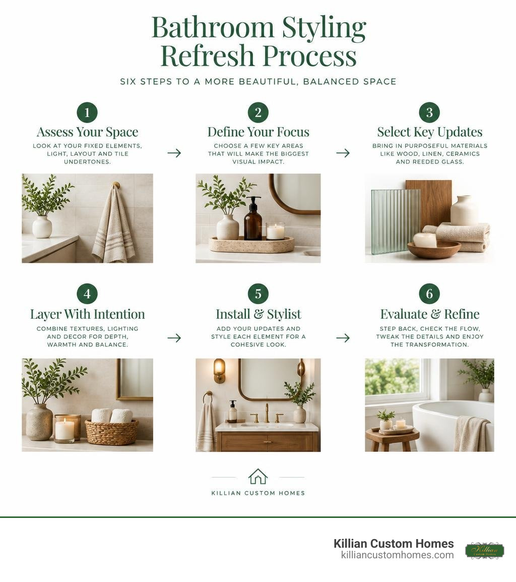 Border-free bathroom styling refresh process infographic with six connected steps infographic
