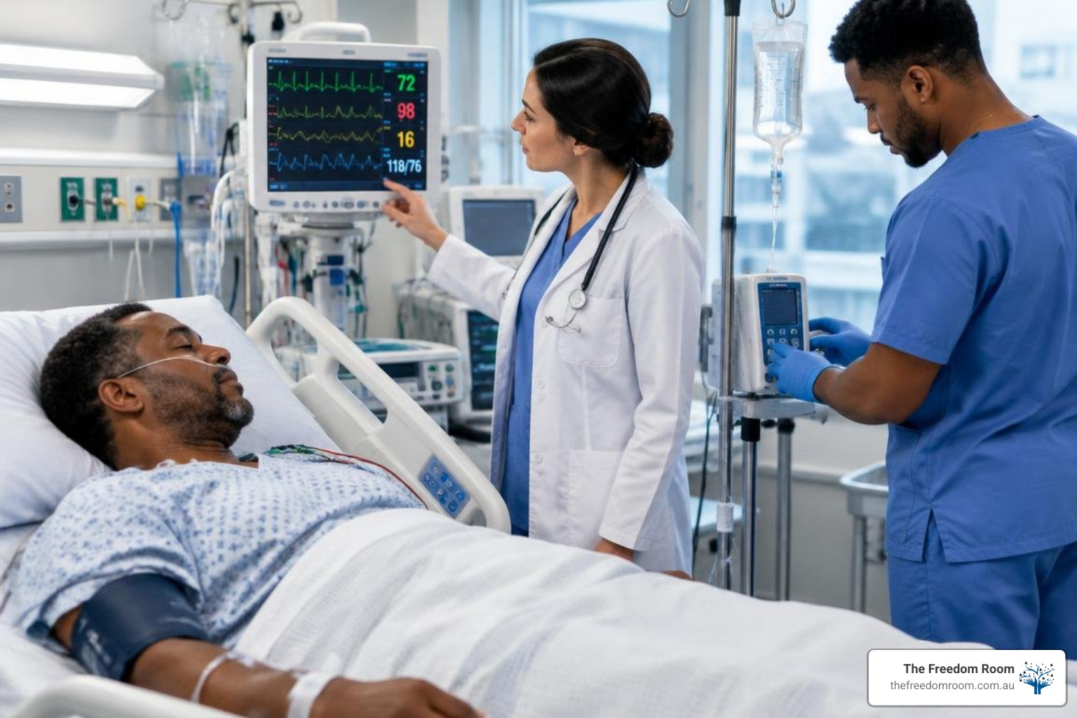 Medical team monitoring patient vitals in a specialised clinical setting Medical team monitoring patient vitals in a specialised clinical setting