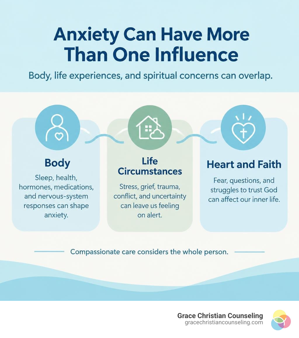 Three interconnected influences on anxiety: body, life circumstances, and spiritual concerns infographic