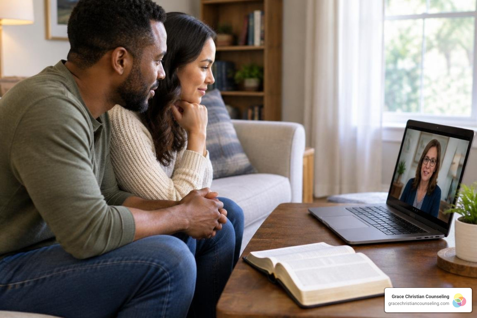 Married couple participating in an online Christian couples counseling session from home