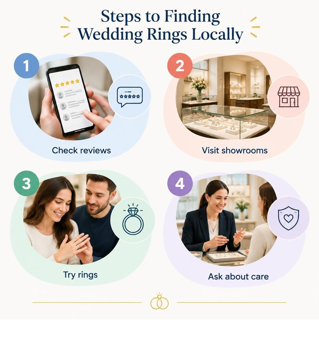 Steps to finding wedding rings locally: check reviews, visit showrooms, try rings, and ask about care infographic Steps to finding wedding rings locally: check reviews, visit showrooms, try rings, and ask about care infographic