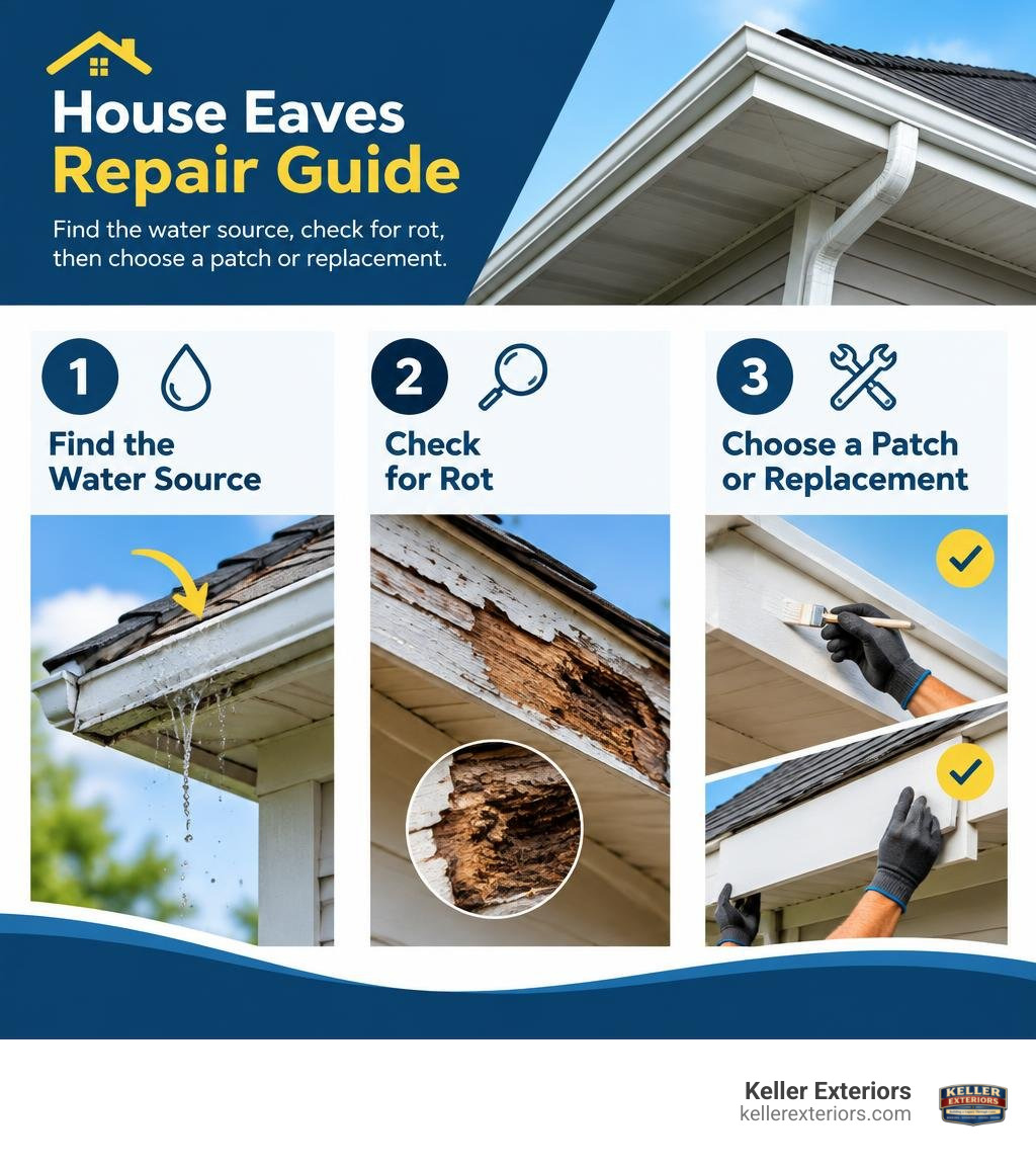 House eaves repair guide: find the water source, check for rot, then choose a patch or replacement infographic House eaves repair guide: find the water source, check for rot, then choose a patch or replacement infographic