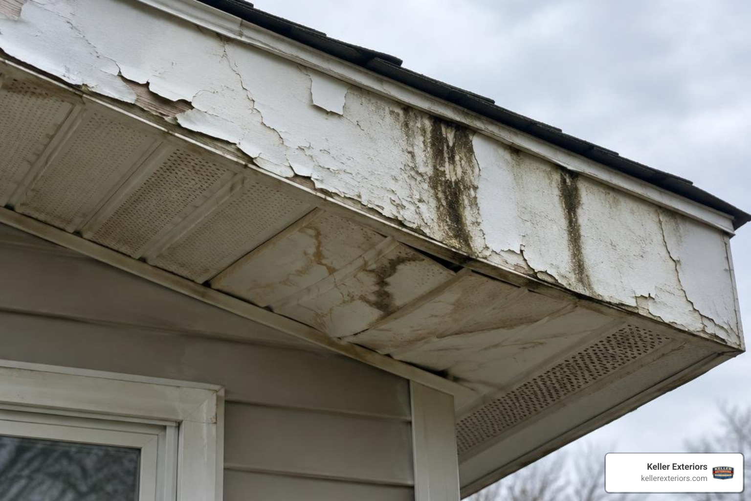 peeling paint and sagging soffits along an exterior roofline peeling paint and sagging soffits along an exterior roofline