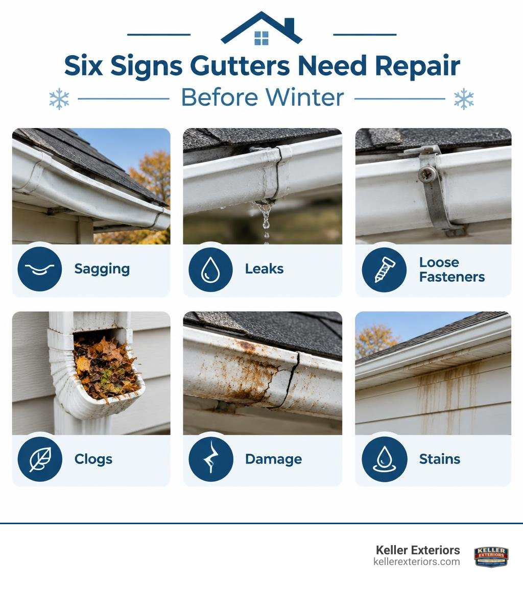 Six signs gutters need repair before winter: sagging, leaks, loose fasteners, clogs, damage, and stains infographic Six signs gutters need repair before winter: sagging, leaks, loose fasteners, clogs, damage, and stains infographic