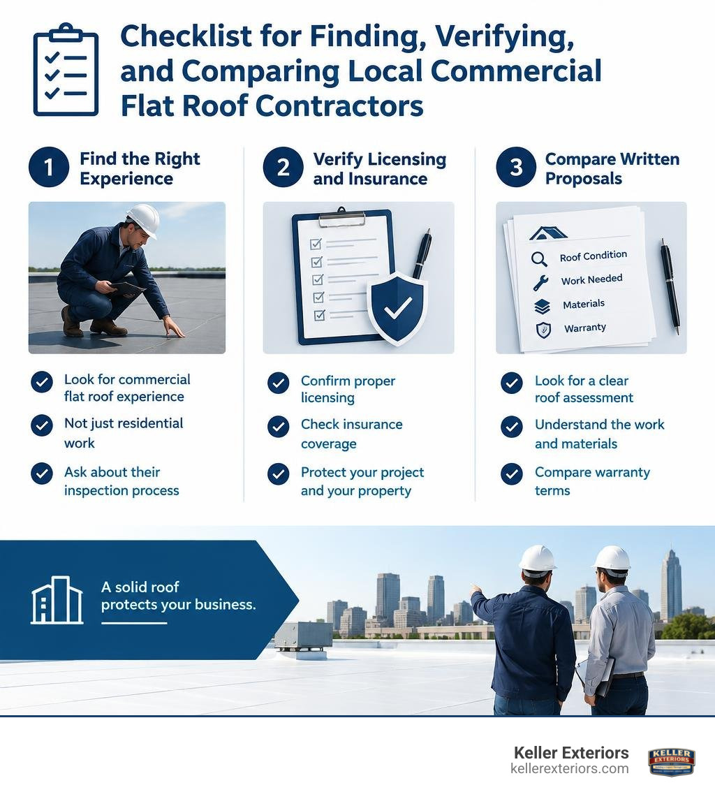 Checklist for finding, verifying, and comparing local commercial flat roof contractors infographic