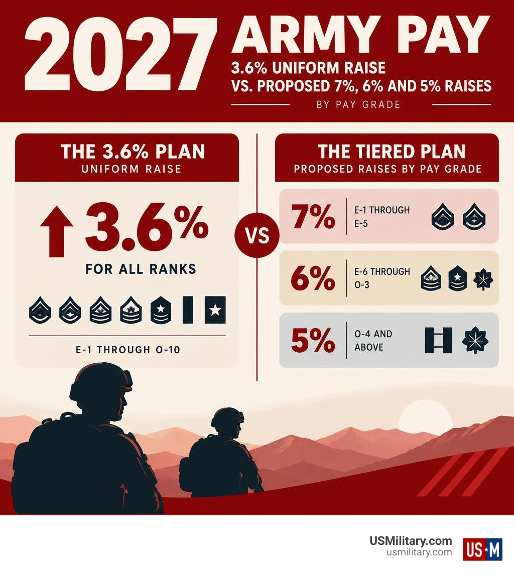 2027 Army pay: 3.6% uniform raise versus proposed 7%, 6%, and 5% raises by pay grade infographic