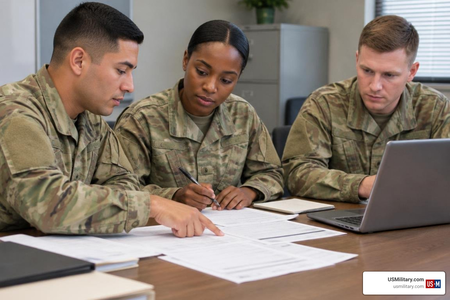 United States Army soldiers reviewing pay statements