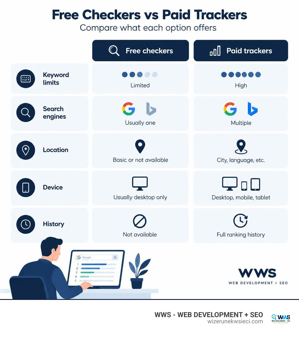Comparison of free checkers and paid trackers by keyword limits, search engines, location, device, and history infographic Comparison of free checkers and paid trackers by keyword limits, search engines, location, device, and history infographic