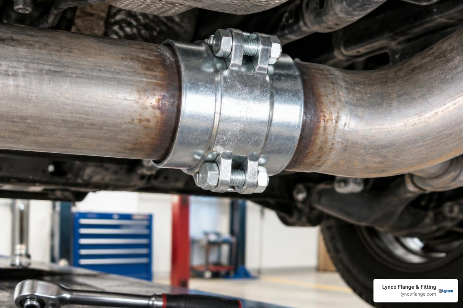 split flange repair kit installed and torqued over exhaust pipe joint split flange repair kit installed and torqued over exhaust pipe joint