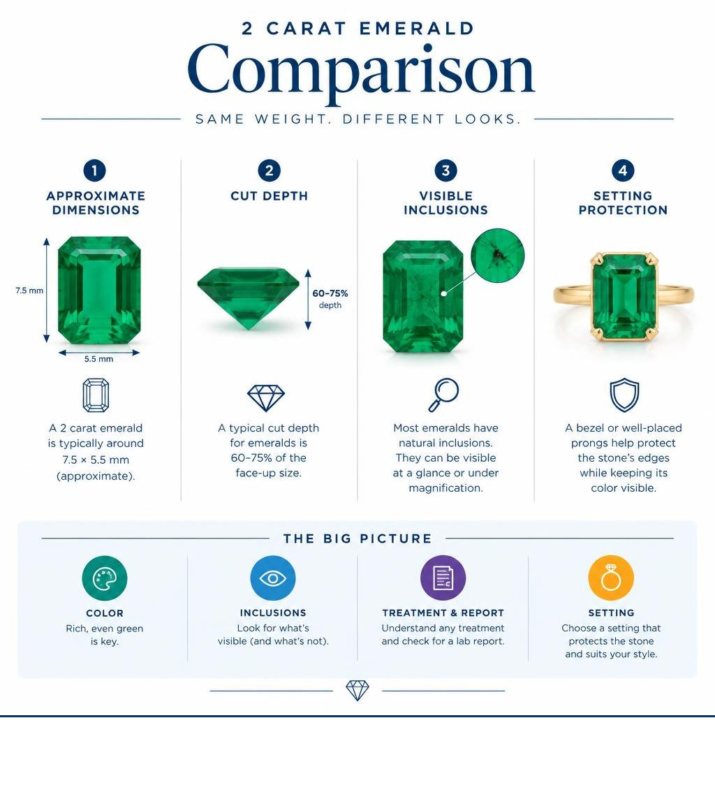 2 carat emerald comparison showing approximate dimensions, cut depth, visible inclusions, and setting protection infographic