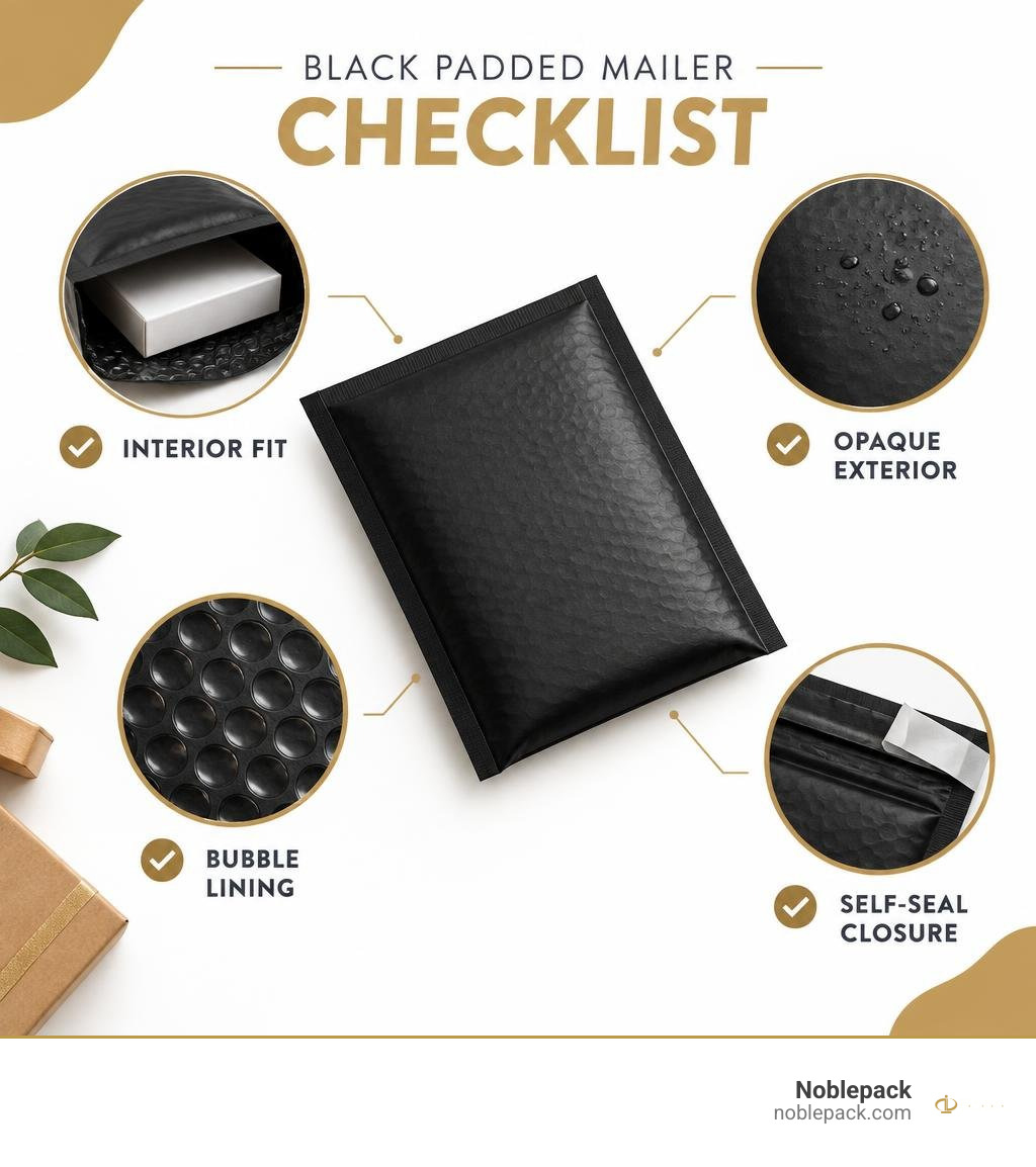 Black padded mailer checklist: interior fit, opaque exterior, bubble lining, and self-seal closure infographic Black padded mailer checklist: interior fit, opaque exterior, bubble lining, and self-seal closure infographic