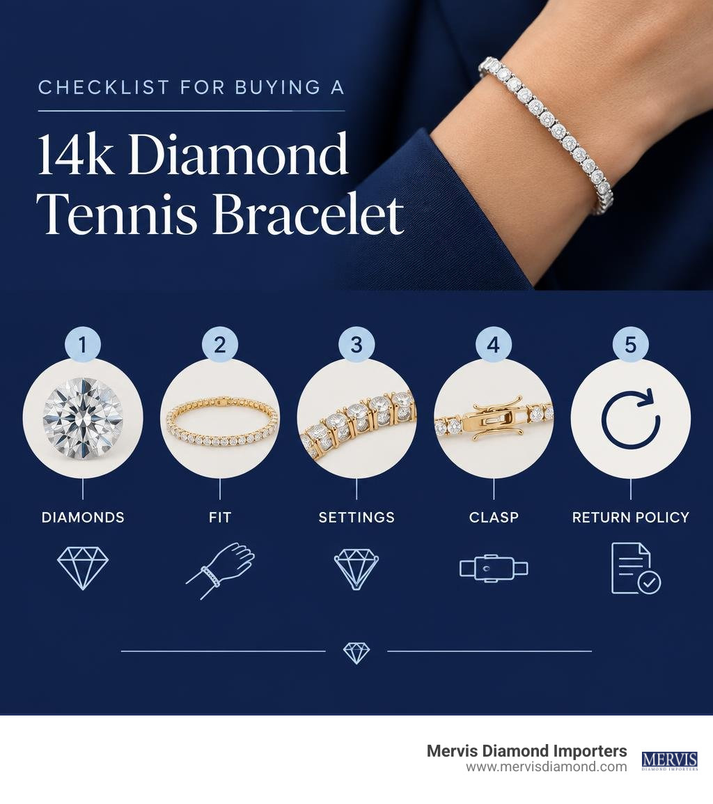 Checklist for buying a 14k diamond tennis bracelet: diamonds, fit, settings, clasp, and return policy infographic Checklist for buying a 14k diamond tennis bracelet: diamonds, fit, settings, clasp, and return policy infographic