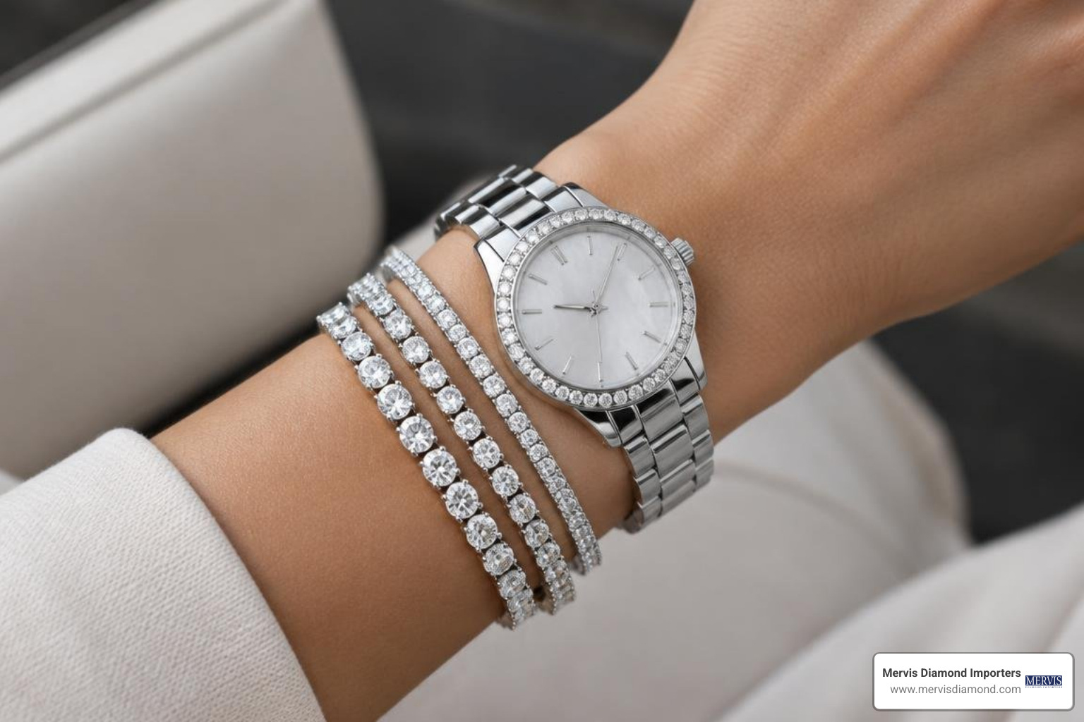 Layered diamond bracelets styled with a luxury watch Layered diamond bracelets styled with a luxury watch