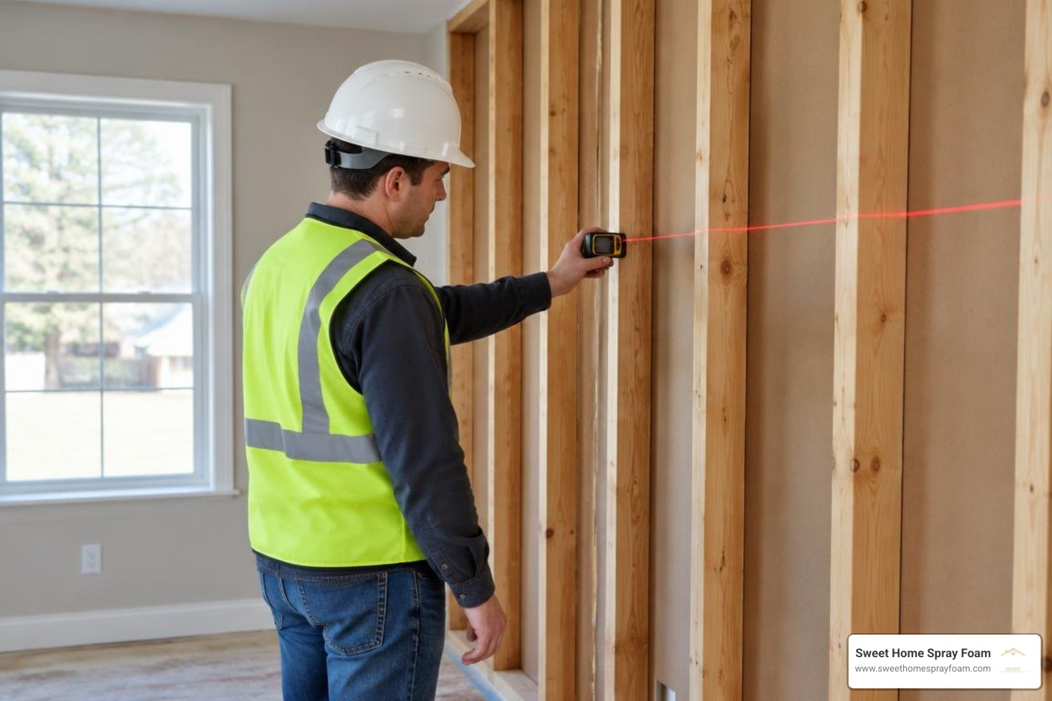 Contractor measuring wall area for insulation estimate with precision Contractor measuring wall area for insulation estimate with precision