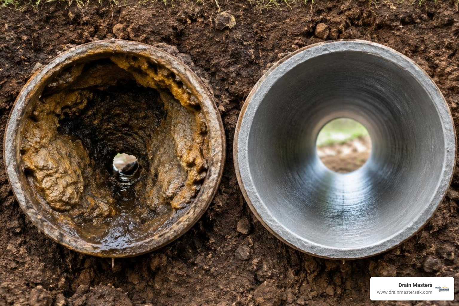 Cross-section comparison between a snaked pipe and a hydro-jetted pipe Cross-section comparison between a snaked pipe and a hydro-jetted pipe