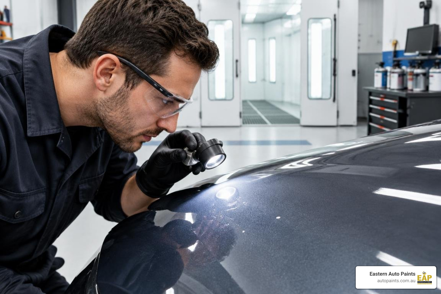 Professional inspecting small clear coat chips on a car panel Professional inspecting small clear coat chips on a car panel