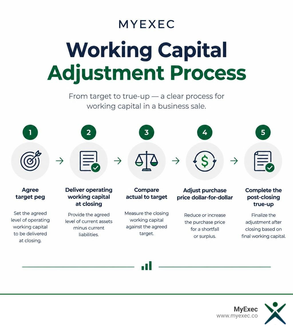 MyExec working capital adjustment process infographic showing target peg, closing working capital, comparison, purchase