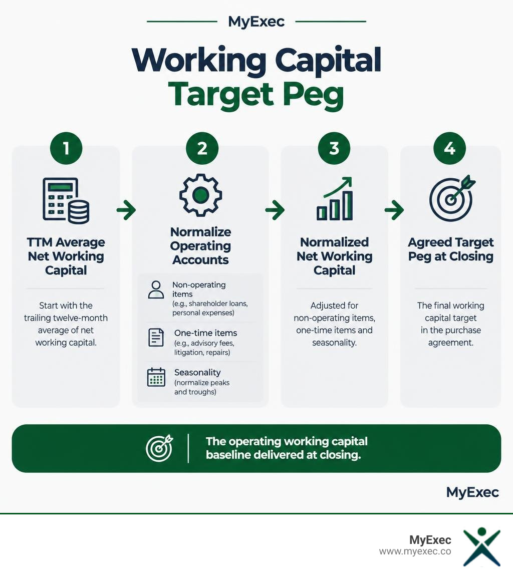 MyExec infographic showing how a working capital target peg is calculated from trailing twelve-month averages and