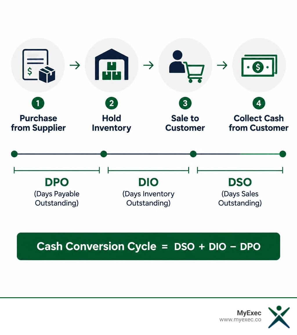 MyExec branded cash conversion cycle infographic showing supplier purchase, inventory, customer sale, cash collection, and