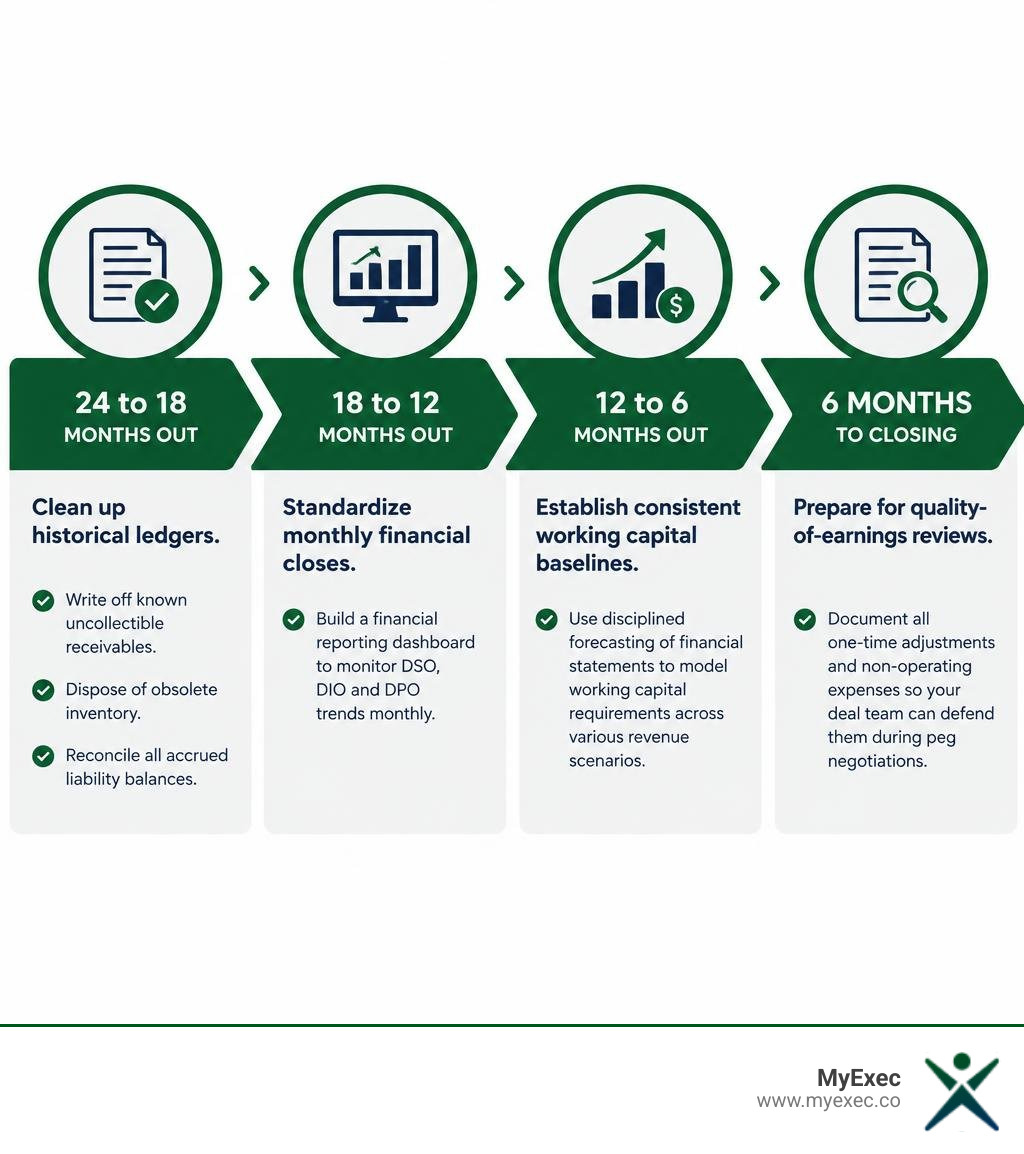 MyExec branded landscape pre-sale financial readiness roadmap from 24 months before closing through closing infographic