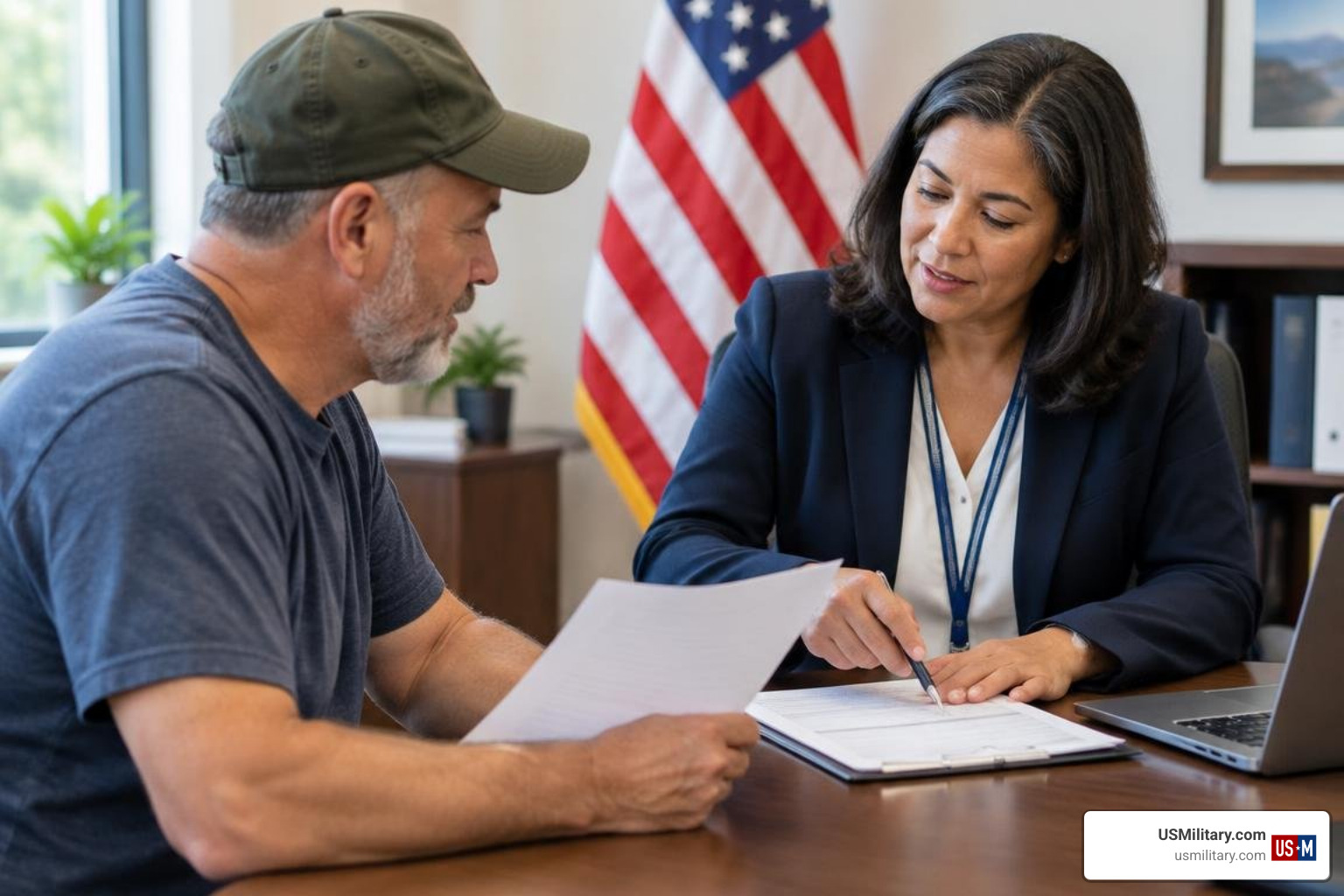 Accredited VA representative helping an American veteran with disability paperwork Accredited VA representative helping an American veteran with disability paperwork
