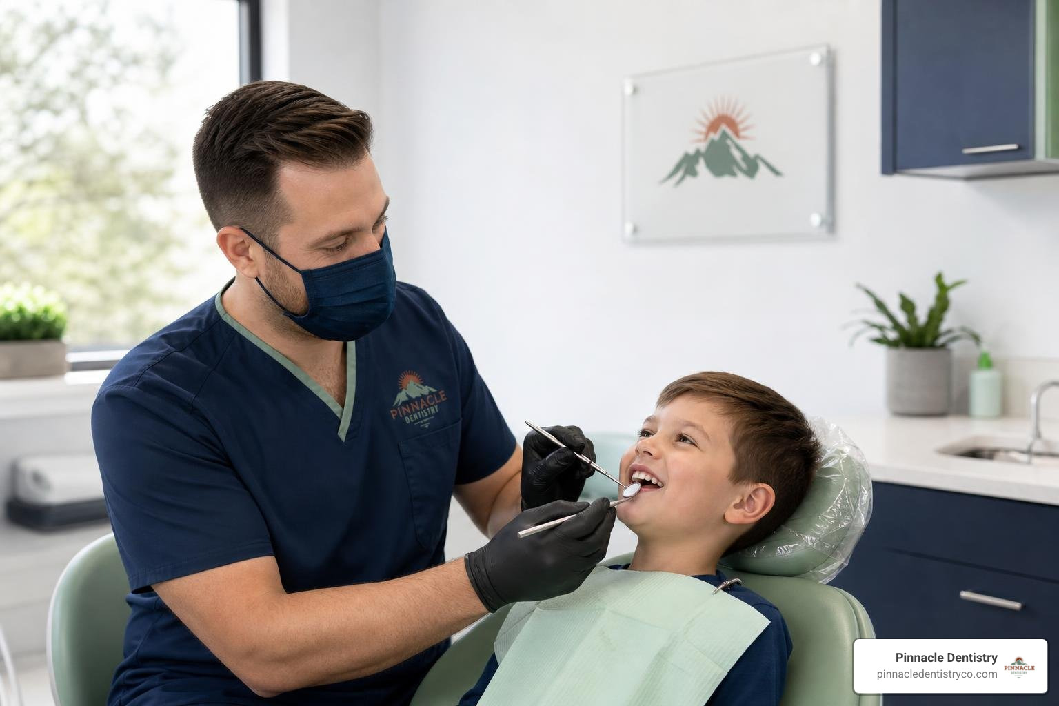 dentist examining a child's teeth in a friendly exam room