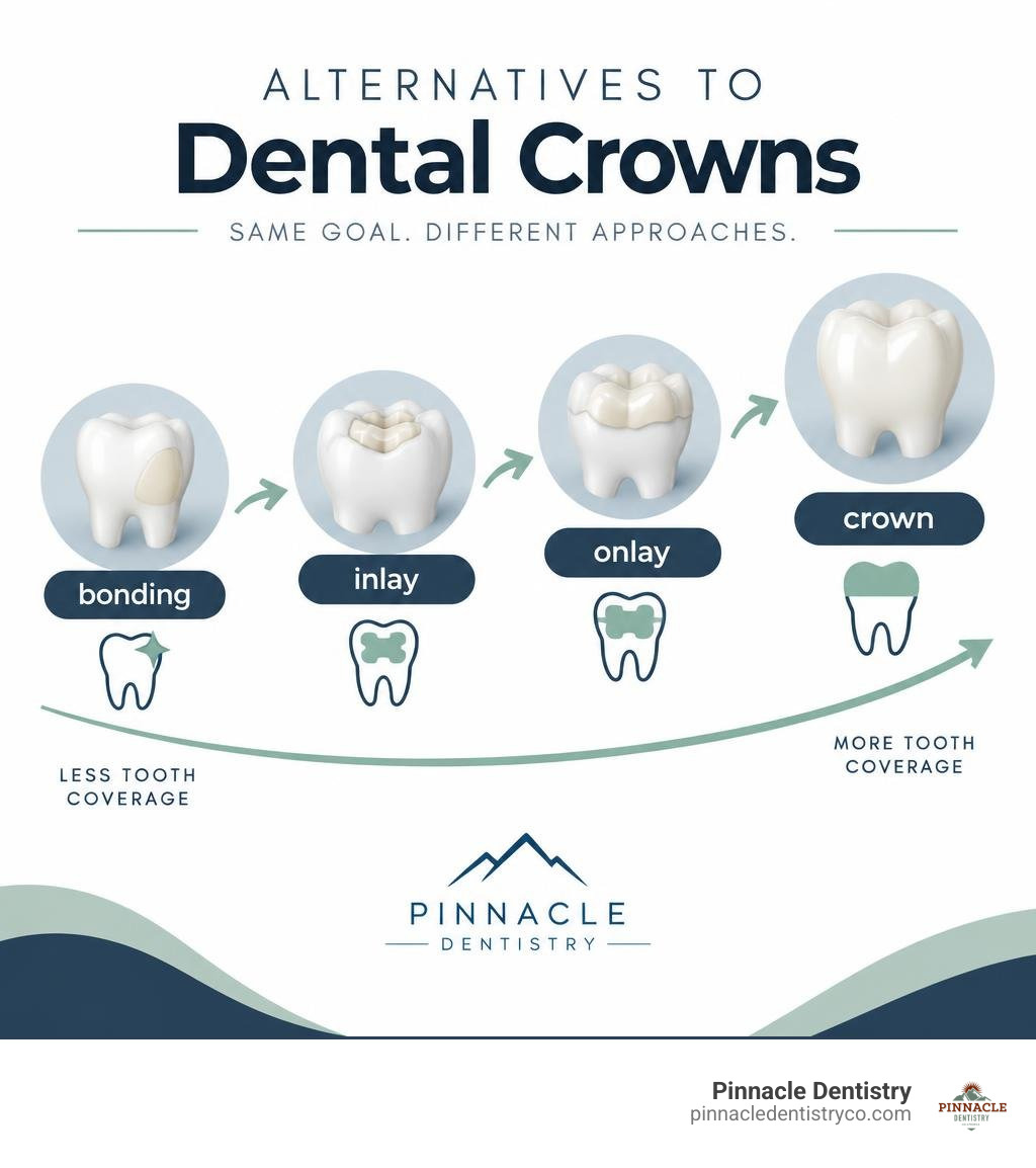 alternatives to dental crowns infographic showing bonding, inlay, onlay, and crown coverage
