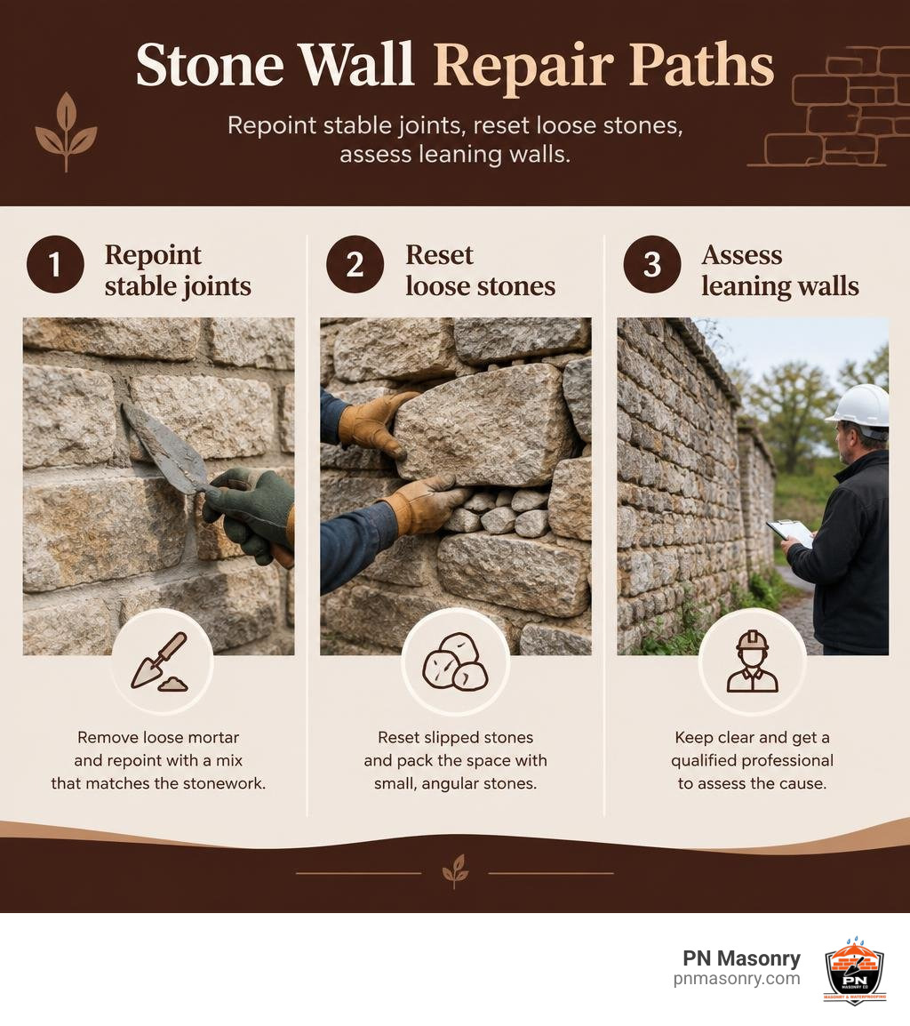 Stone wall repair paths: repoint stable joints, reset loose stones, assess leaning walls infographic Stone wall repair paths: repoint stable joints, reset loose stones, assess leaning walls infographic