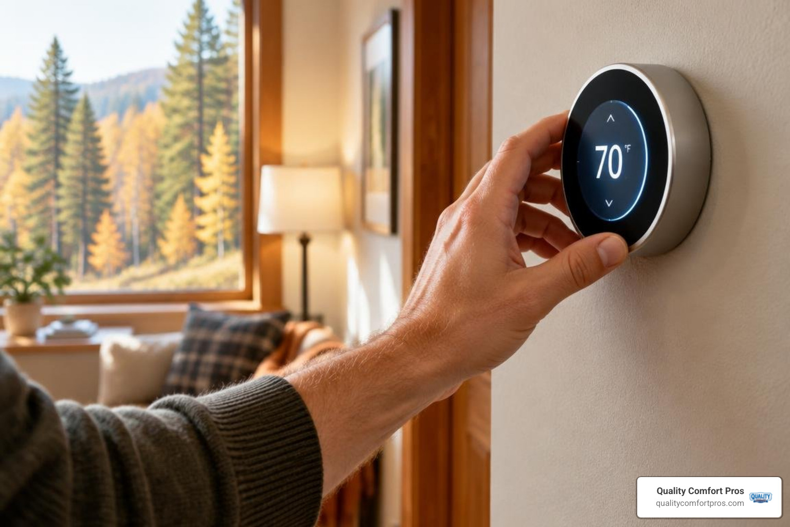 Homeowner setting a digital thermostat for the heating season in a Northern Michigan home Homeowner setting a digital thermostat for the heating season in a Northern Michigan home