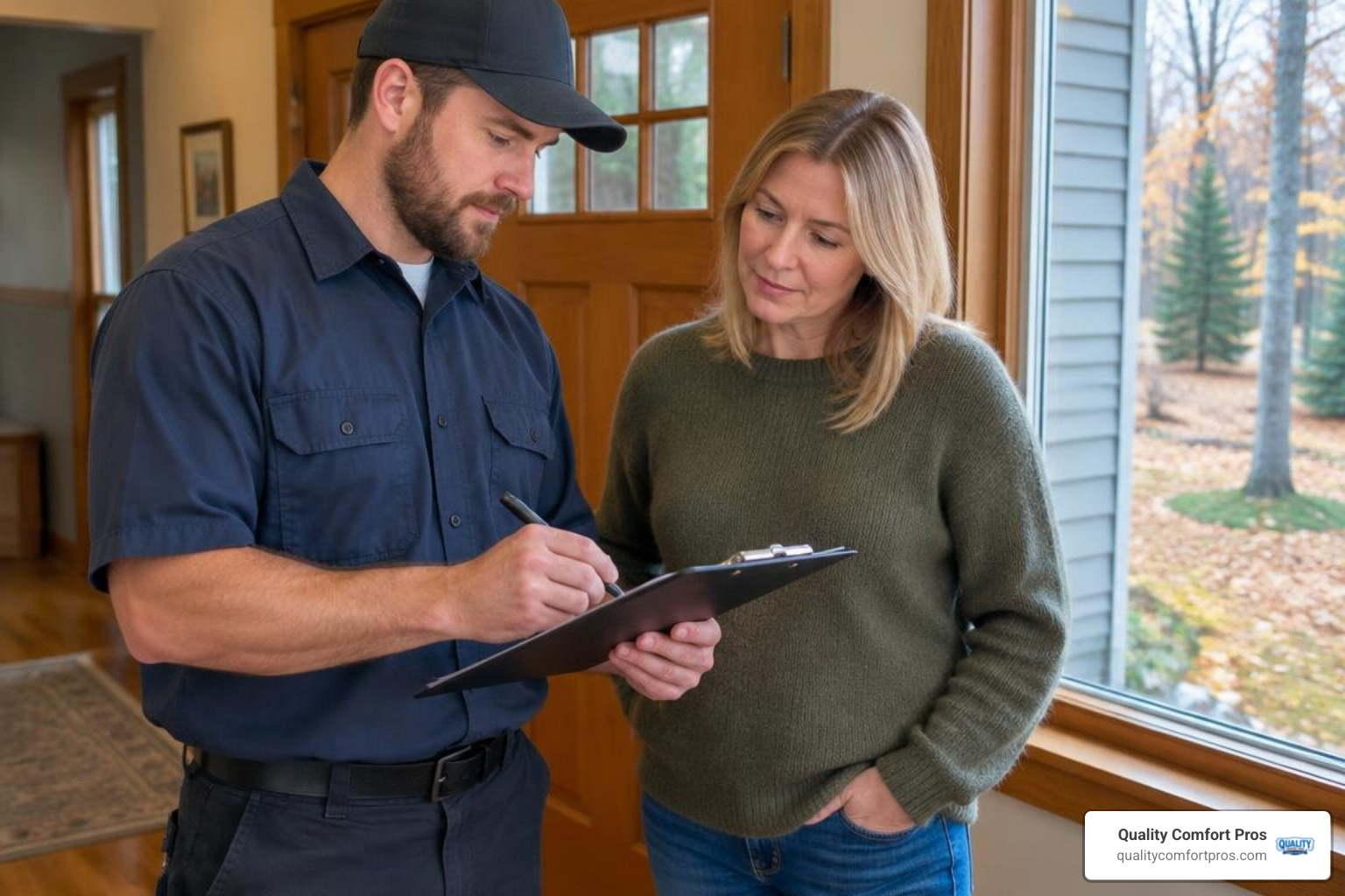 Plumber going through a service checklist with a homeowner at a Grayling, Michigan home before winter Plumber going through a service checklist with a homeowner at a Grayling, Michigan home before winter