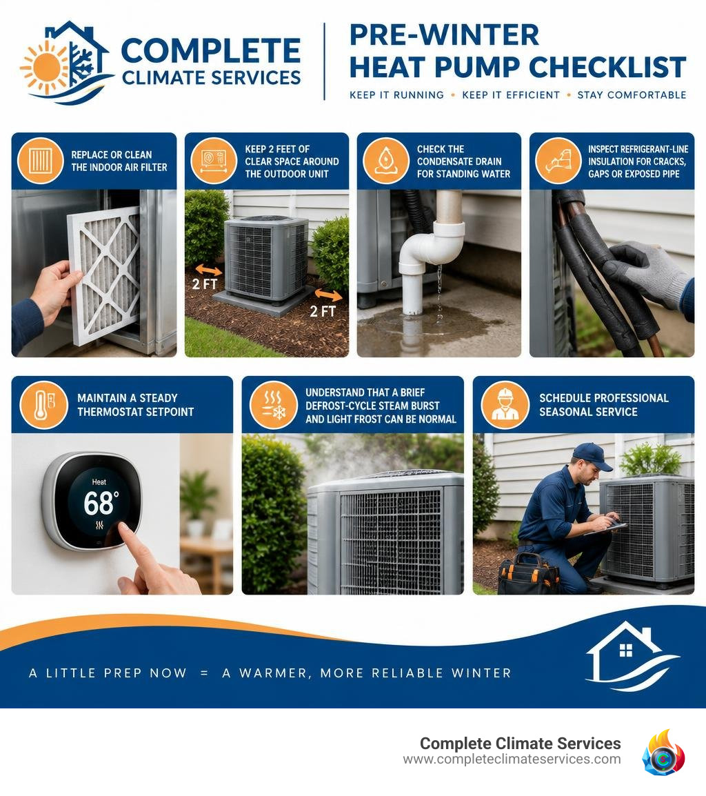 Pre-winter heat pump checklist: filter, clearance, thermostat, defrost, professional service infographic Pre-winter heat pump checklist: filter, clearance, thermostat, defrost, professional service infographic