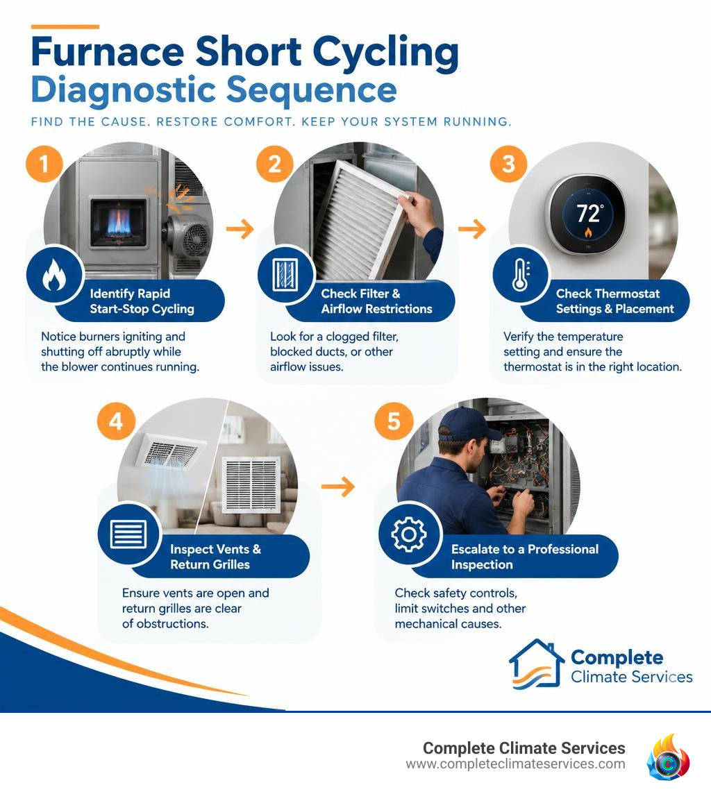 Step-by-step furnace short cycling diagnostic sequence infographic Step-by-step furnace short cycling diagnostic sequence infographic