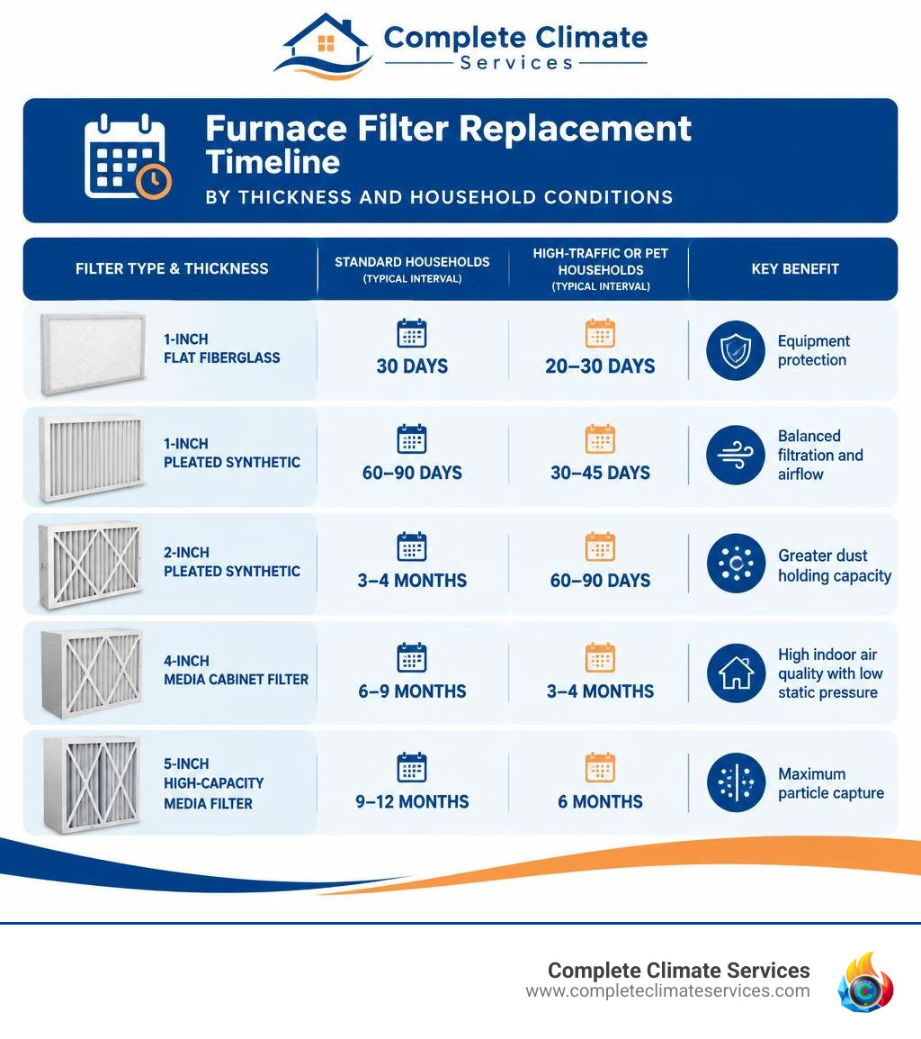 Furnace filter replacement timeline by thickness and household conditions infographic