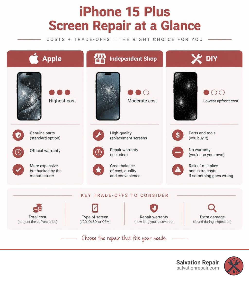 Comparison of Apple, independent shop, and DIY screen repair costs and trade-offs infographic