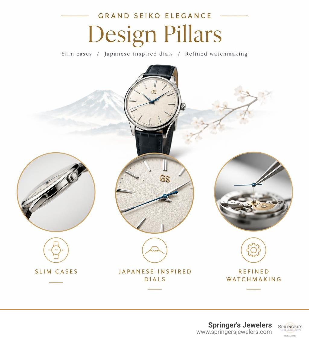 Grand Seiko Elegance design pillars: slim cases, Japanese-inspired dials, and refined watchmaking infographic Grand Seiko Elegance design pillars: slim cases, Japanese-inspired dials, and refined watchmaking infographic